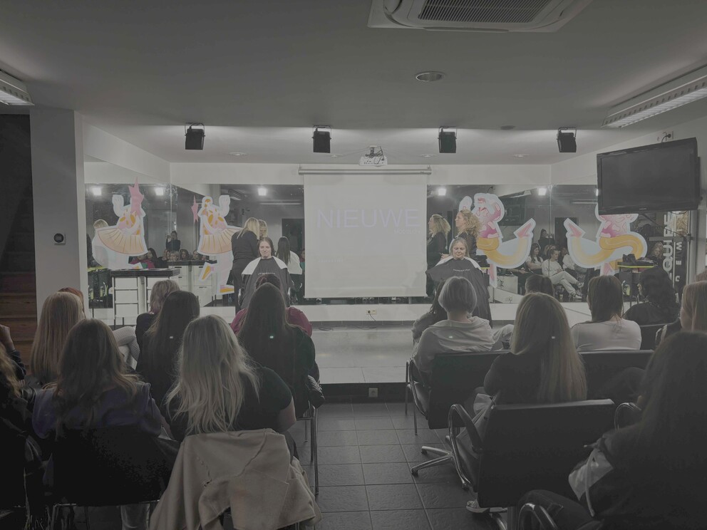 Een groep mensen zit in een kapsalon terwijl er een presentatie of demonstratie plaatsvindt. Aan de muur zijn kleurrijke afbeeldingen van figuren te zien.
